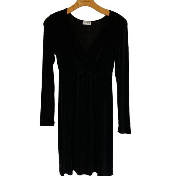 BCBG Paris Women's size Small Black long sleeve V-neck midi length Slinky dress - Picture 1 of 9
